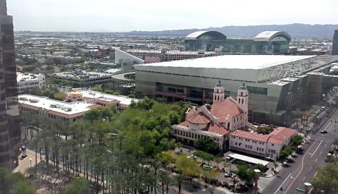 Looking out at the Phoenix Convention Center with the historic St. Mary’s Basilica (dedicated in 1881) in the foreground, April 2016.