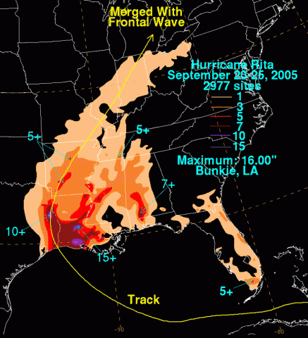 Rainfall map of hurricane Rita's landfall near Lake Charles, Louisiana