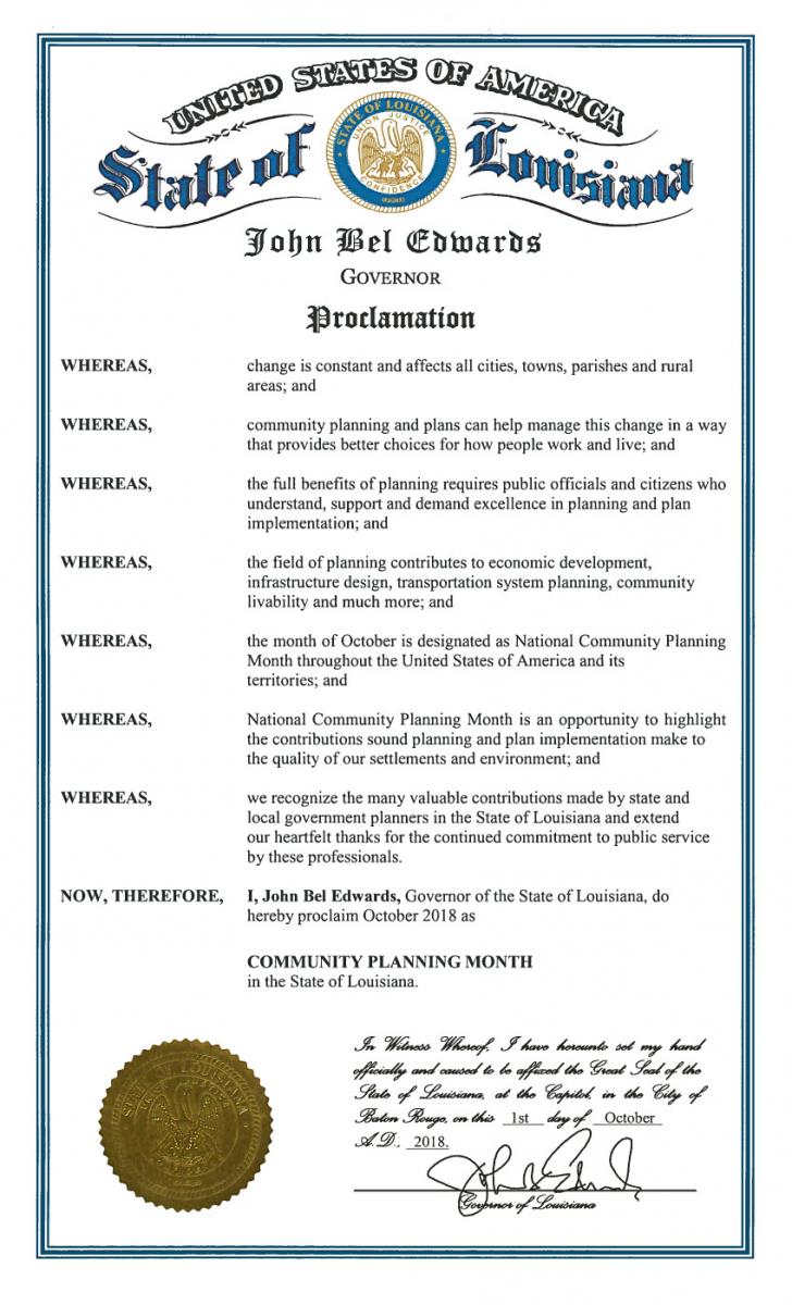 Community Planning Month proclamation - Louisiana October 2018 - Governor John Bel Edwards